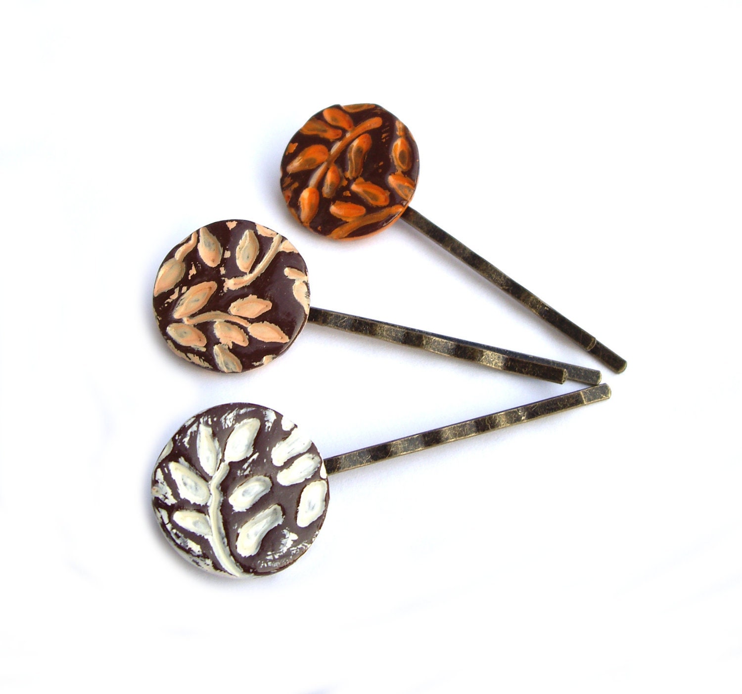 Hair pins, Orange and white, autumn leafs, Set of 3, - JPwithLove