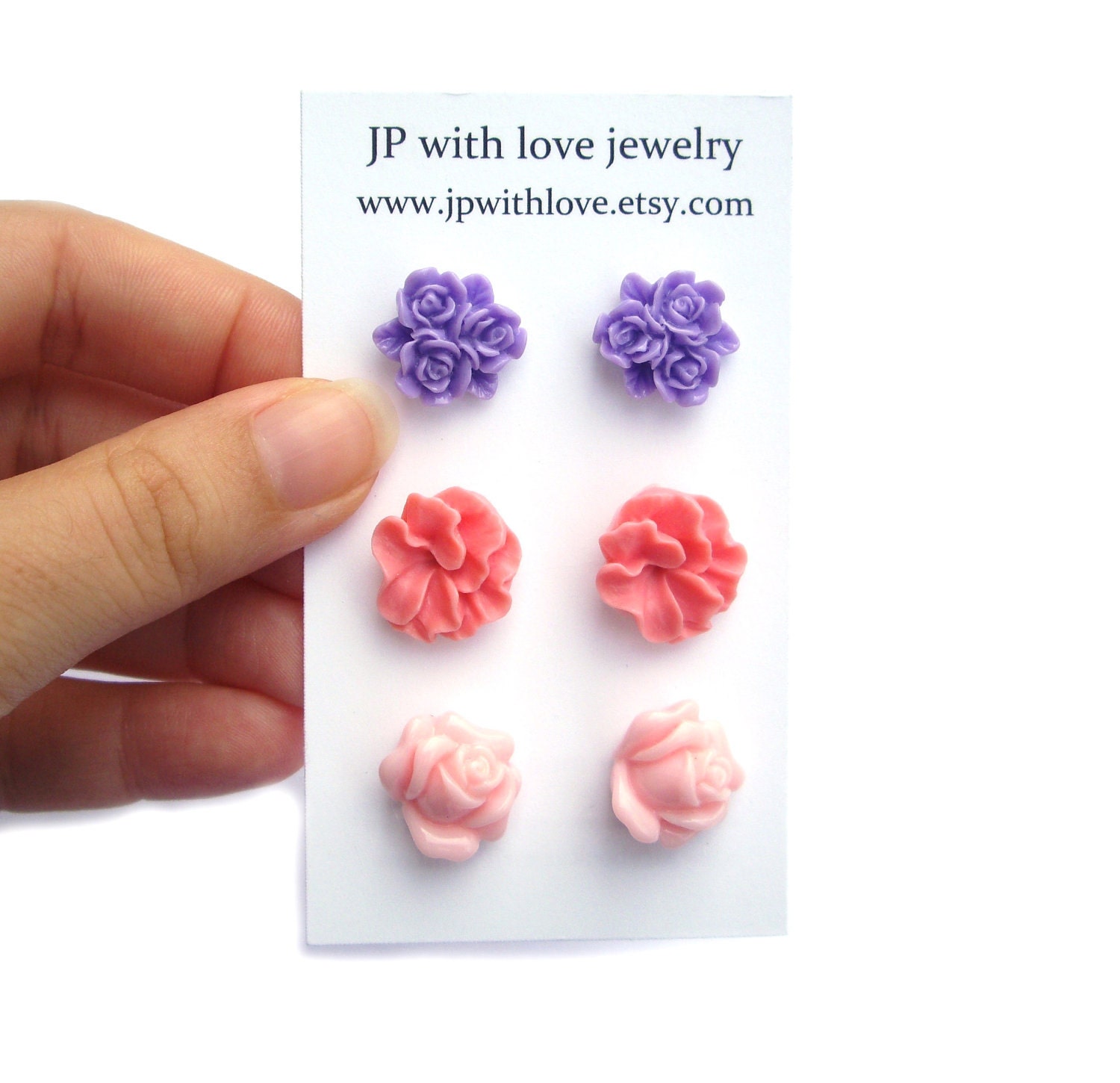 Flower Stud earrings pink and purple resin rose set of 3