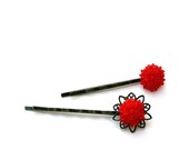 Red hair pins, Flower hair pins, Set of 2 hairpins
