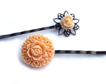 Flower Hair pins, peach hair pins, Set of 2 bobby pins