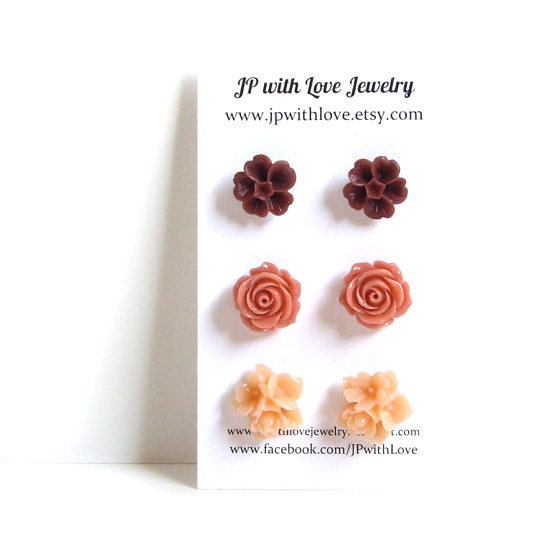 Flower Stud earrings, peach Stud earrings, cinnamon, burgundy, red Stud earrings, resin rose, set of 3 ,resin flower jewelry