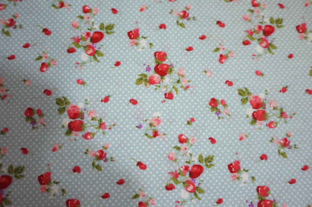 Cotton Fabric - Red Strawberry Flower and White Dots with Aqua Blue - 55in Wide - 1 Yard
