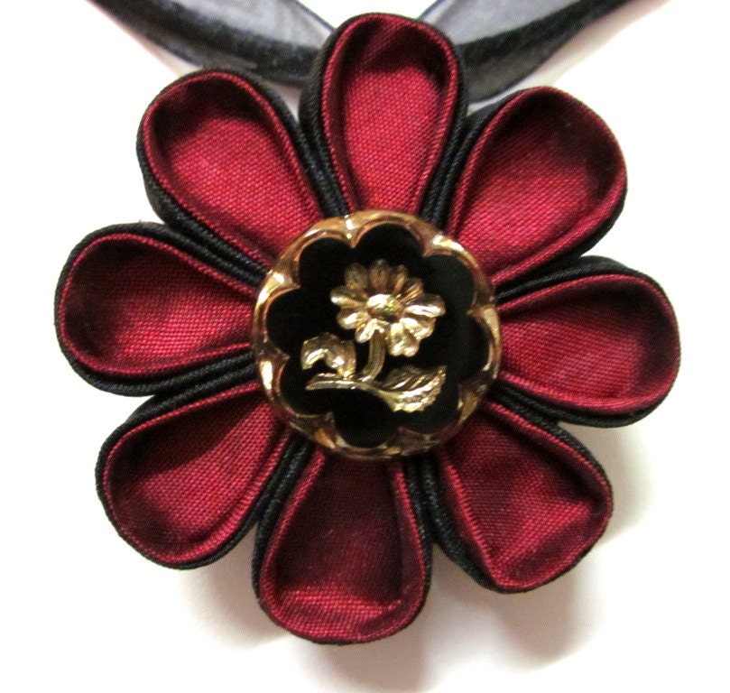 RUBY BLOOM  Silk Kanzashi Flower Pendant Necklace