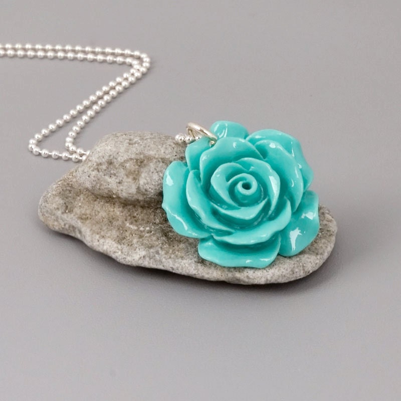 Turquoise Rose Necklace on Sterling Silver Chain