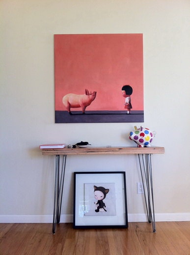 Side Table: Reclaimed Boxcar Oak With Mid Century Modern Twist (48" x 11" x 18")