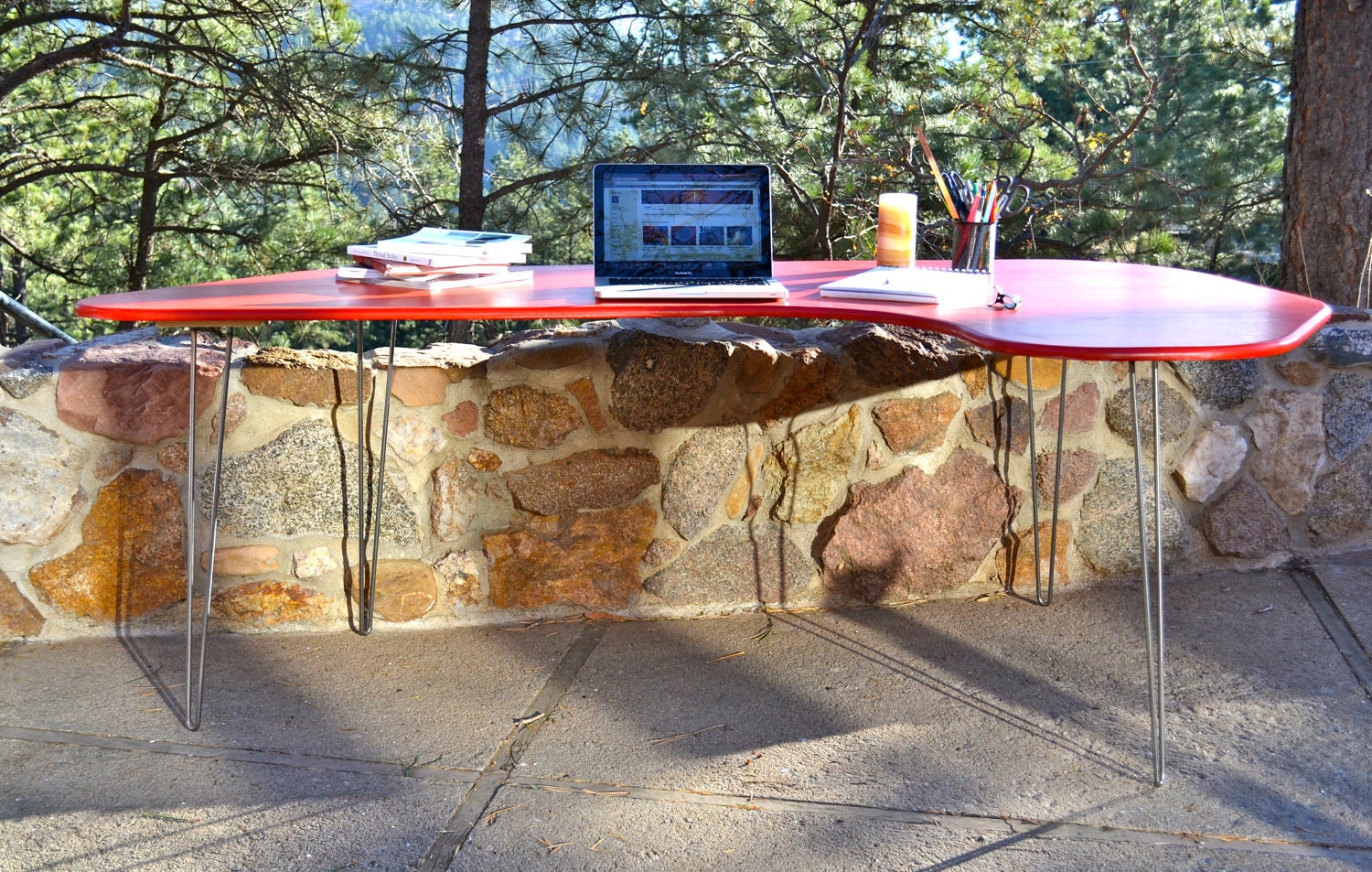 DESK: Red Mid-Century Modern Desk With Hairpin Legs