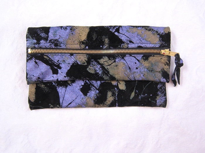 Handmade Suede METALLIC Gold & Lavender Splatter Foldover Not-So-Mini Clutch//LIMITED EDITION