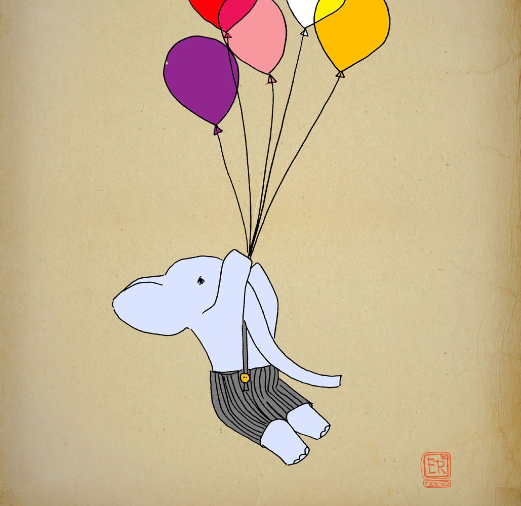 Baby nursery wall art 12x16 children room Illustration elephant balloons