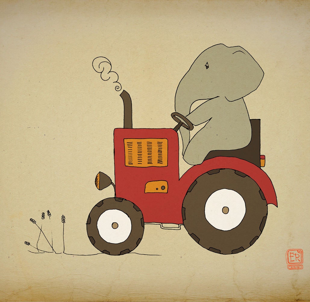 Elephant nursery art 12x16 tractor illustration