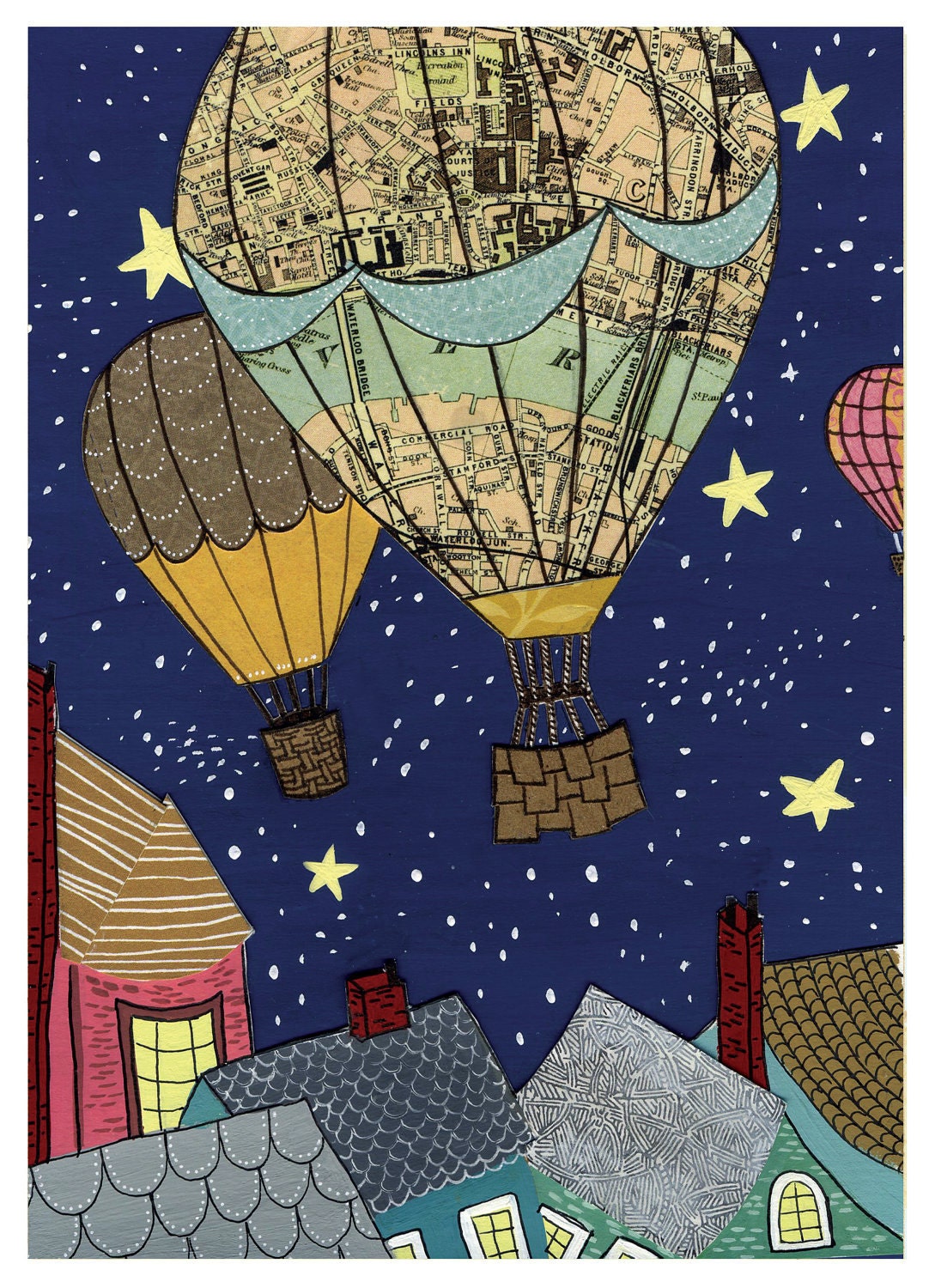 Hot Air Balloon Night Sky - Fly Me to the Stars - Print of Original Painting Collage by Paper Taxi