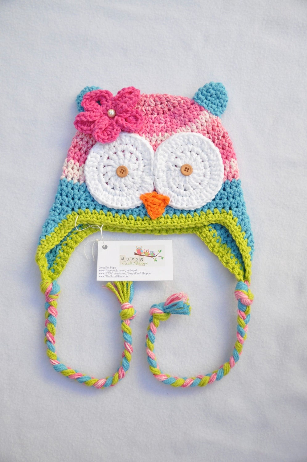 Blue, Pink, White, and Lime Green Crochet Owl Beanie- Size 3-5T Years Ready to Ship