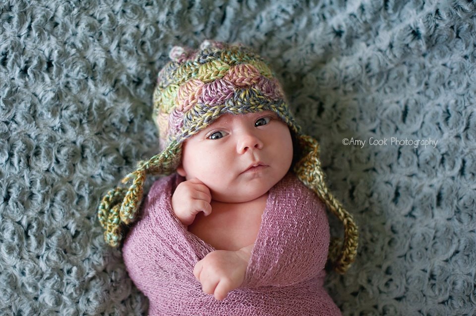 Grey & Yellow Newborn Crochet Scallop Beanie with Earflaps. Newborn Size Ready to Ship