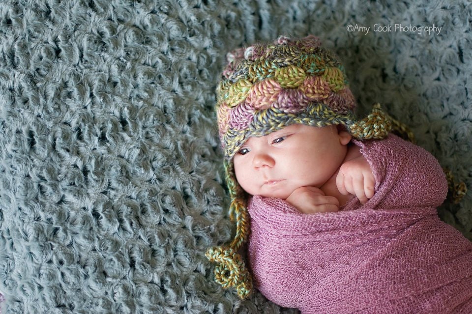 Grey & Yellow Newborn Crochet Scallop Beanie with Earflaps. Newborn Size Ready to Ship