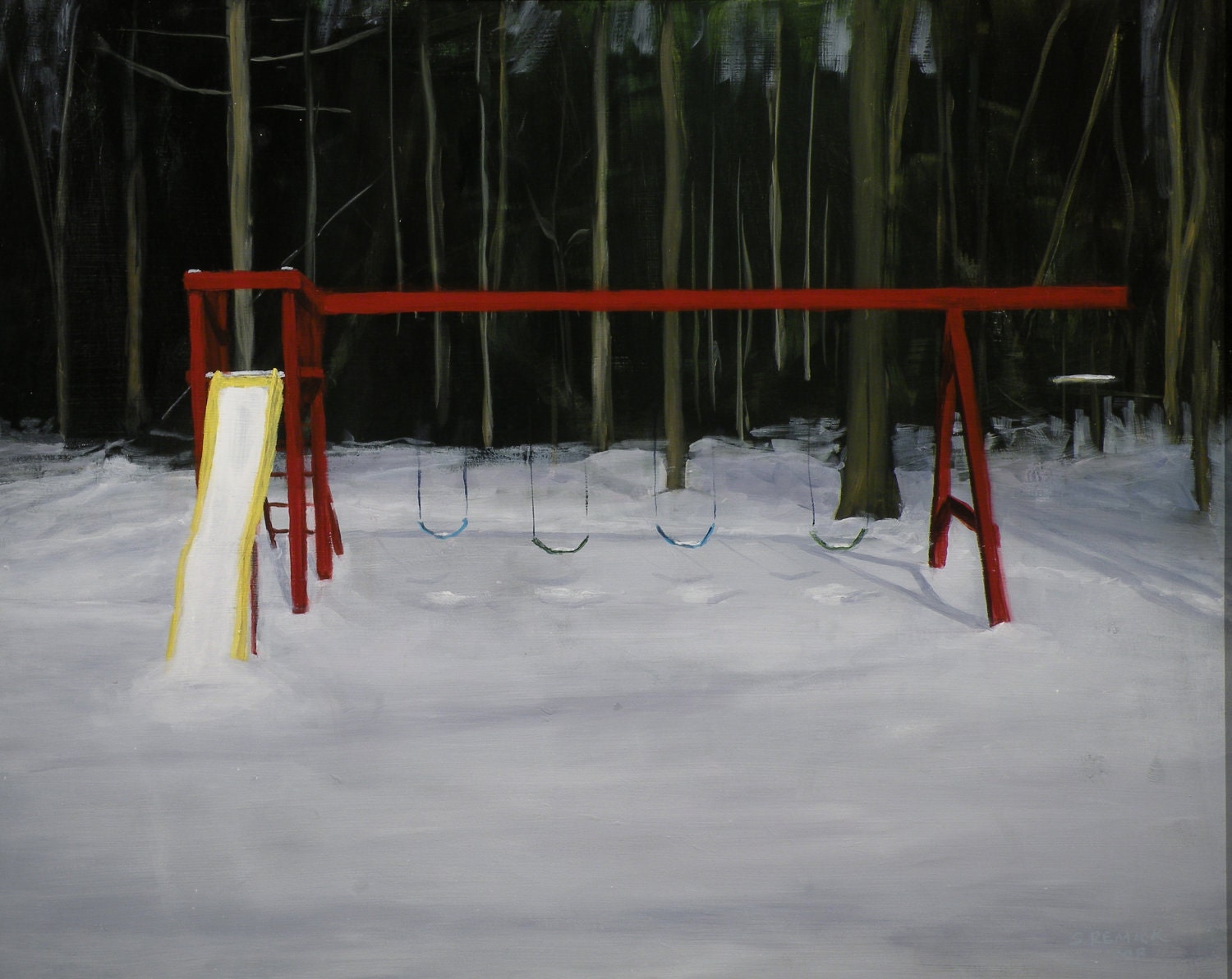 LANDSCAPE PAINTING,"Waiting for Spring, Swingset". Original painting. 24" x 30"