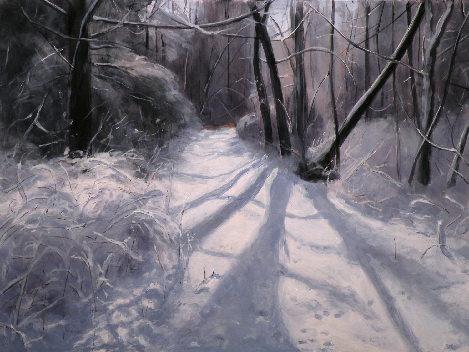 Landscape,Winter Path-Towards the Light. Original painting. 12" x 16".