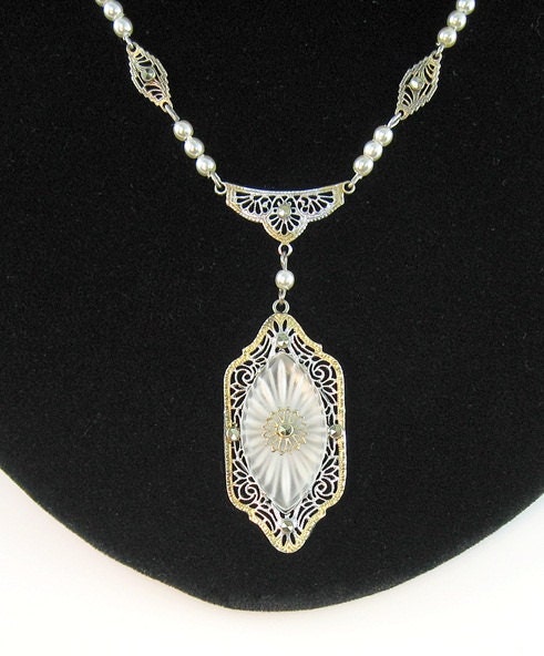 Camphor Glass Vintage Art Deco Necklace Silver by bohemiantrading