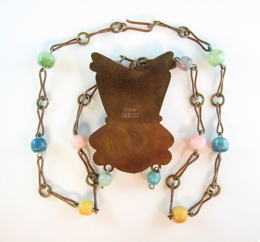 Vintage Mexico Necklace Copper Aztec Mayan King Pendant Colorful Enamel Accents Amazing