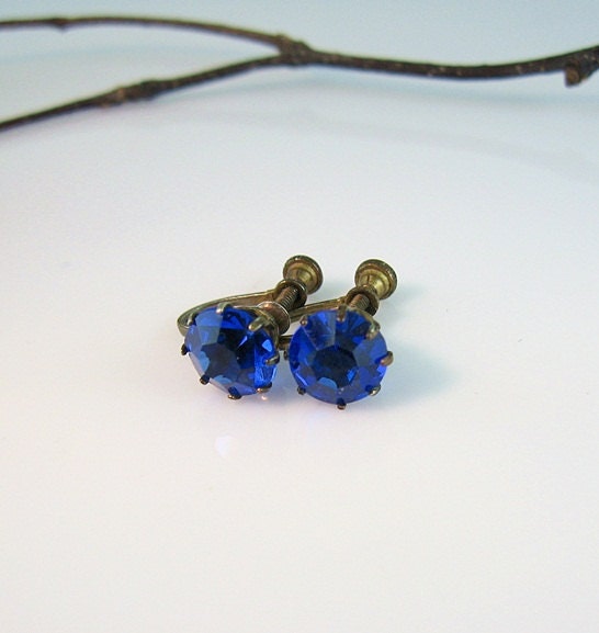 Vintage Sapphire Blue Earrings 1930s Art Deco Jewelry Sterling Gilt Screw Backs Cobalt Solitaire