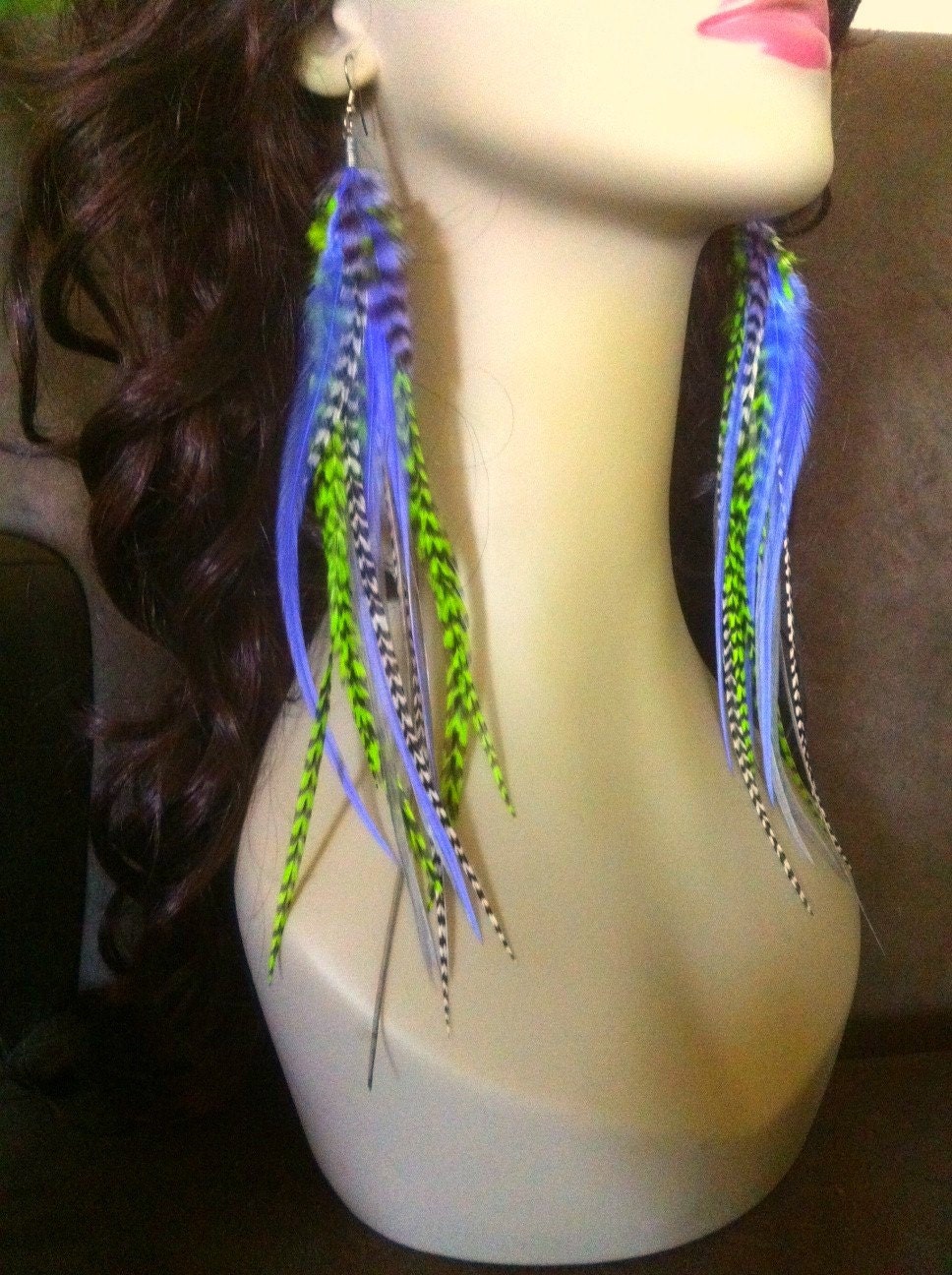 Handmade Feather Earrings Long - Neon Grizzly Pixie - Bright Green Grizzly, Lavender Clip On Feather Earings or Hooks Spring Fashion Jewelry