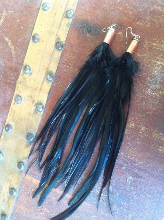 Black Feather Earrings Long Full And Thick Bullet by PrettyVagrant