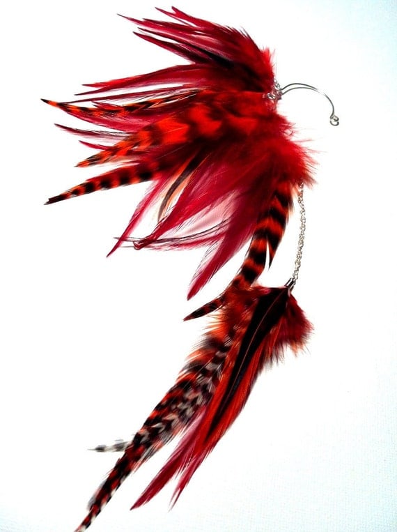 Red Feather Ear Cuff / Ear Wrap with chain - Fire Walker