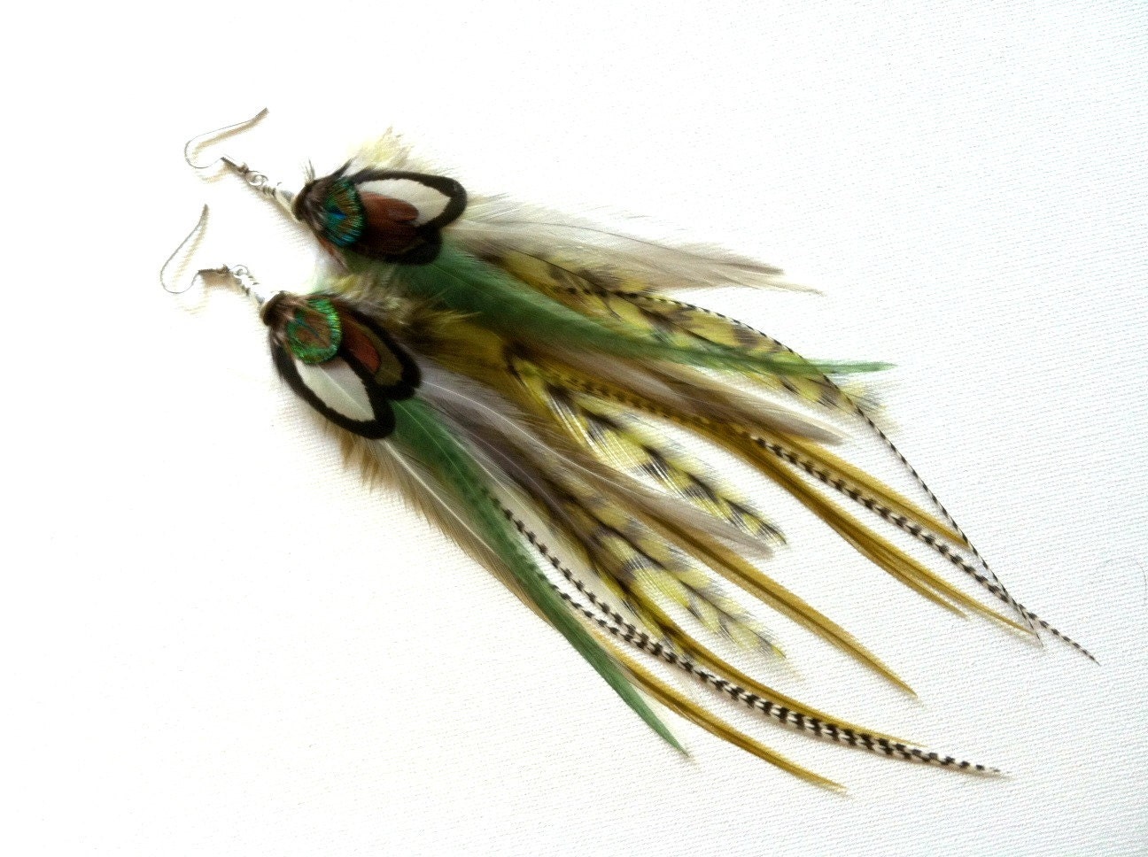 Long Feather Earrings - Shades Of Green - boho hippy feather earings