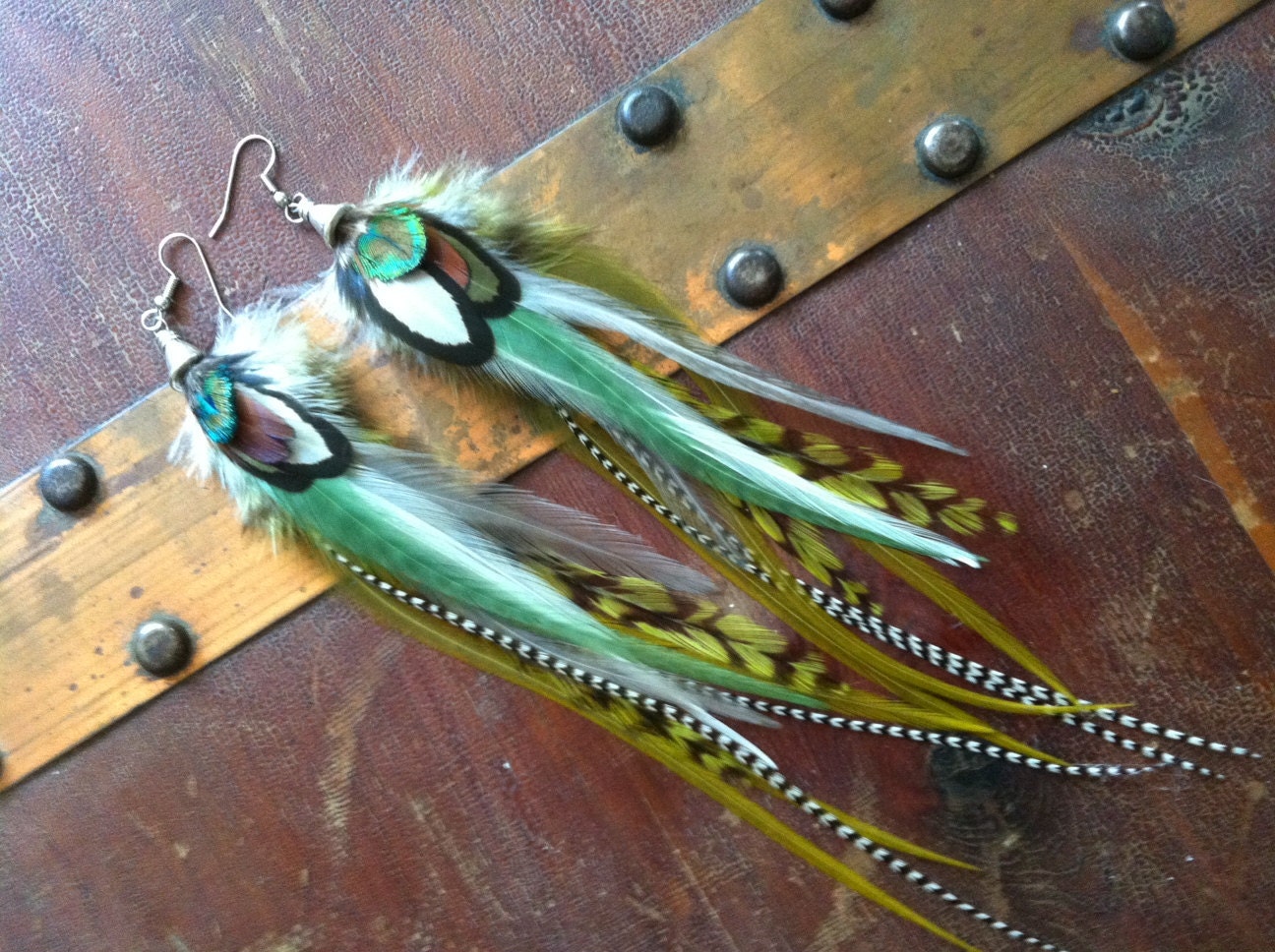 Long Feather Earrings - Shades Of Green - boho hippy feather earings