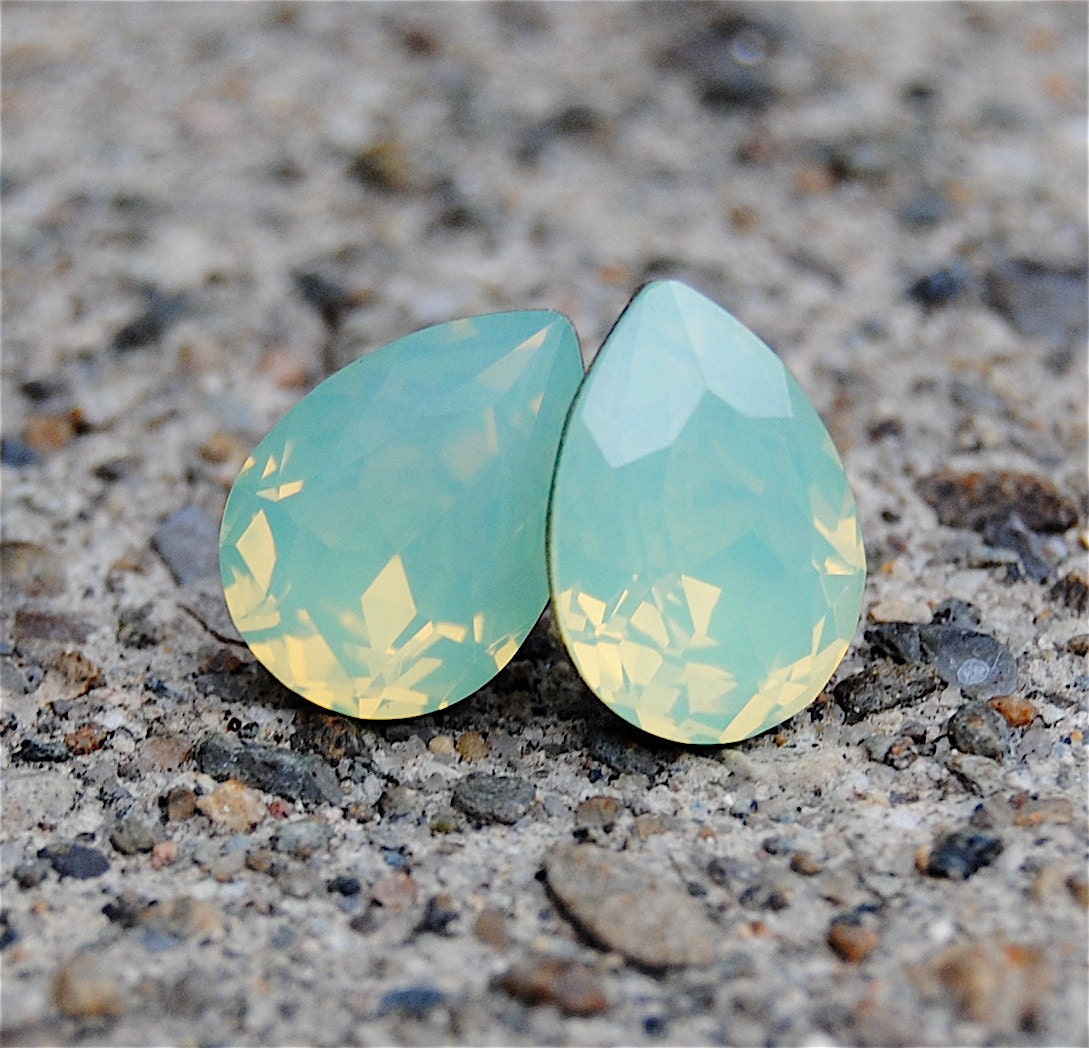Mint Green Seafoam Earrings Swarovski Green Milky Opal Stud Earrings Super Sparklers Pear Studs - Mashugana