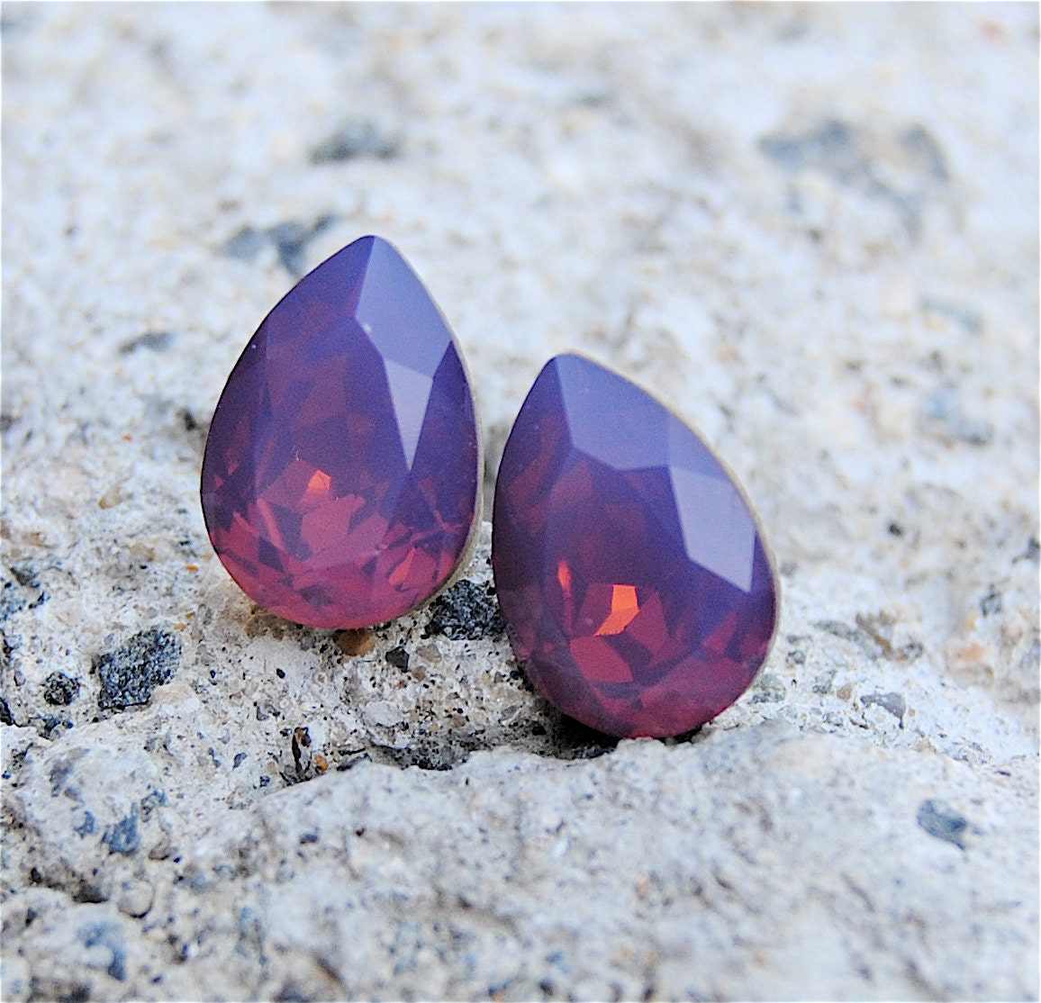 Lavender Raspberry Opal Stud Earrings - Super Sparklers Pear- Swarovski Pear Earrings