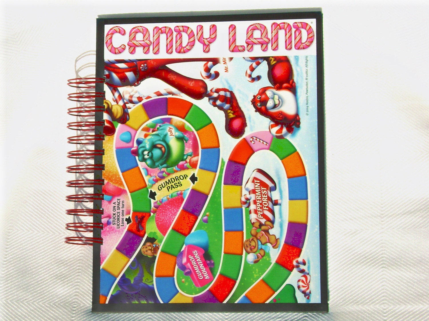 Candy Land Notebook or Journal with notebook paper, upcycled recycled board game book, peppermint and gumdrop section