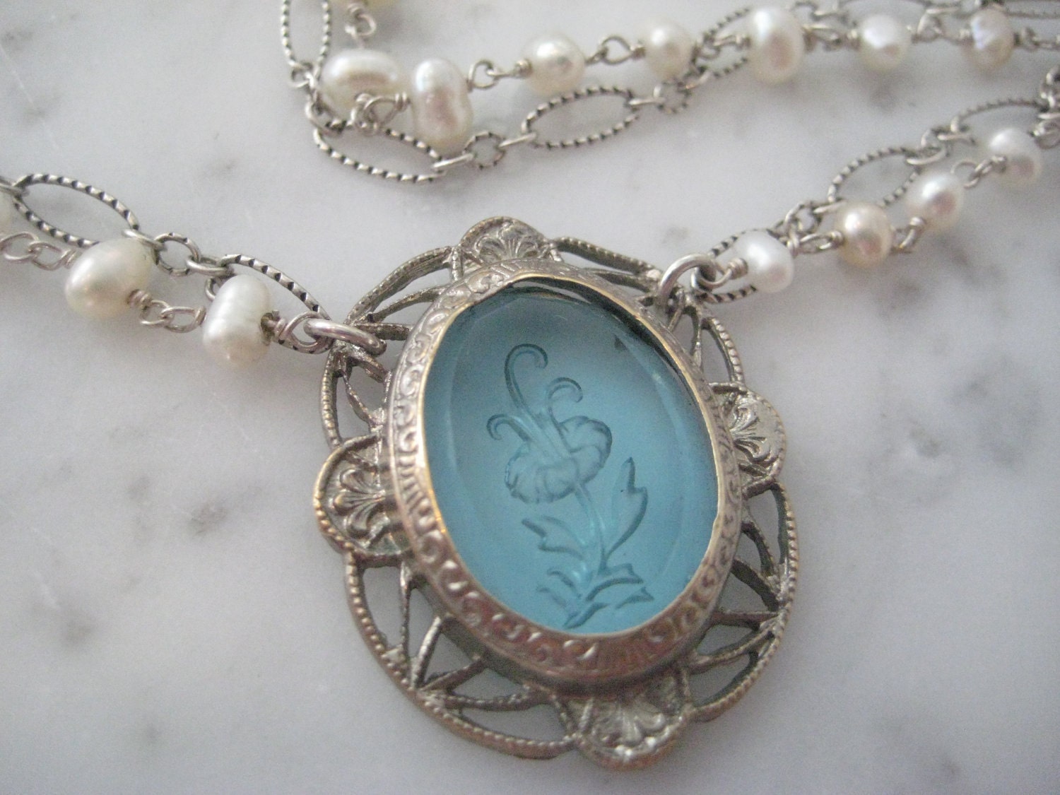 Vintage Glass Pendant on Double Chains: Sterling Silver & Pearls