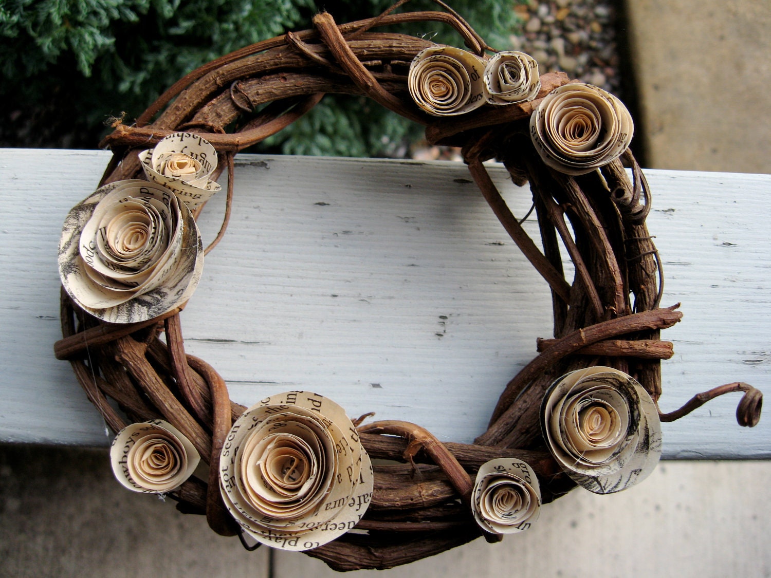 Small woven wooden wreath with vintage book blooms--home decor, weddings, holiday, winter, autumn, spring, summer