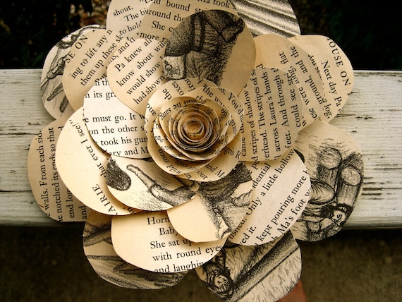 Oversized vintage book paper flower: home decor, gift topper, accessory, brooch pin, wedding, winter, spring