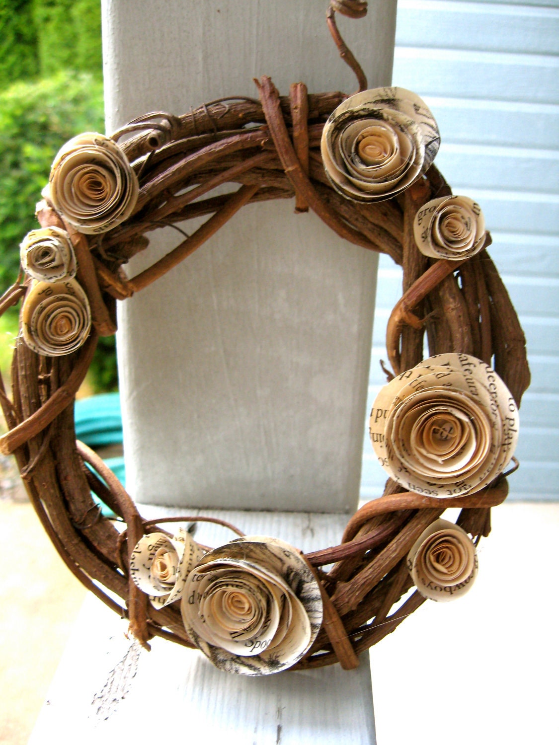 Small woven wooden wreath with vintage book blooms--home decor, weddings, holiday, winter, autumn, spring, summer