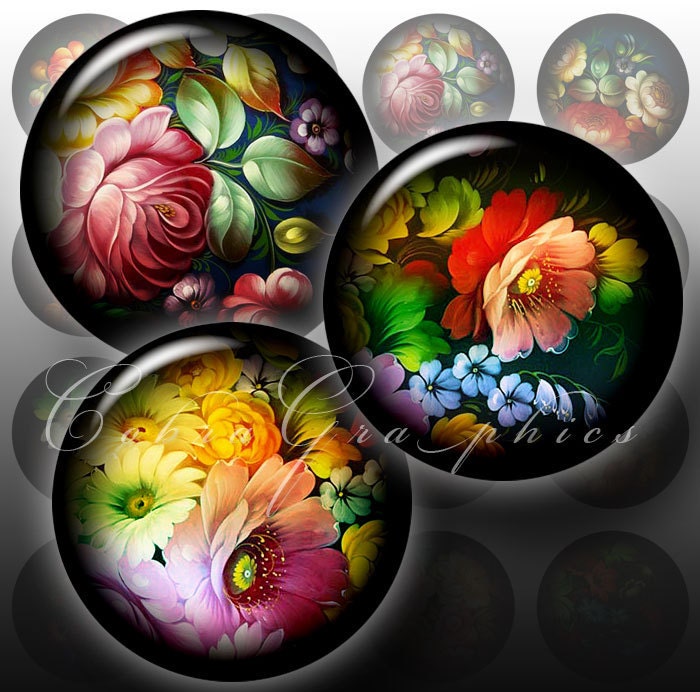 Zhostovo Russian Folk Art Samplers - Digital Collage Sheet CG-364 for Scrapbooking, Pendants, Bottle Caps