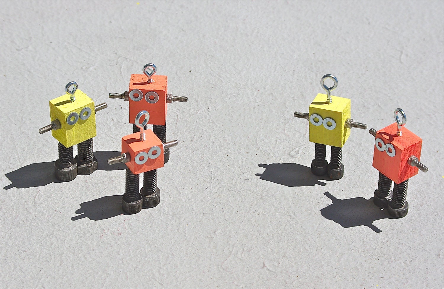 upcycled Robots set of 5 desk or tree ornaments colorful yellow, orange peach bot family bots handmade reclaimed wood scrap metal