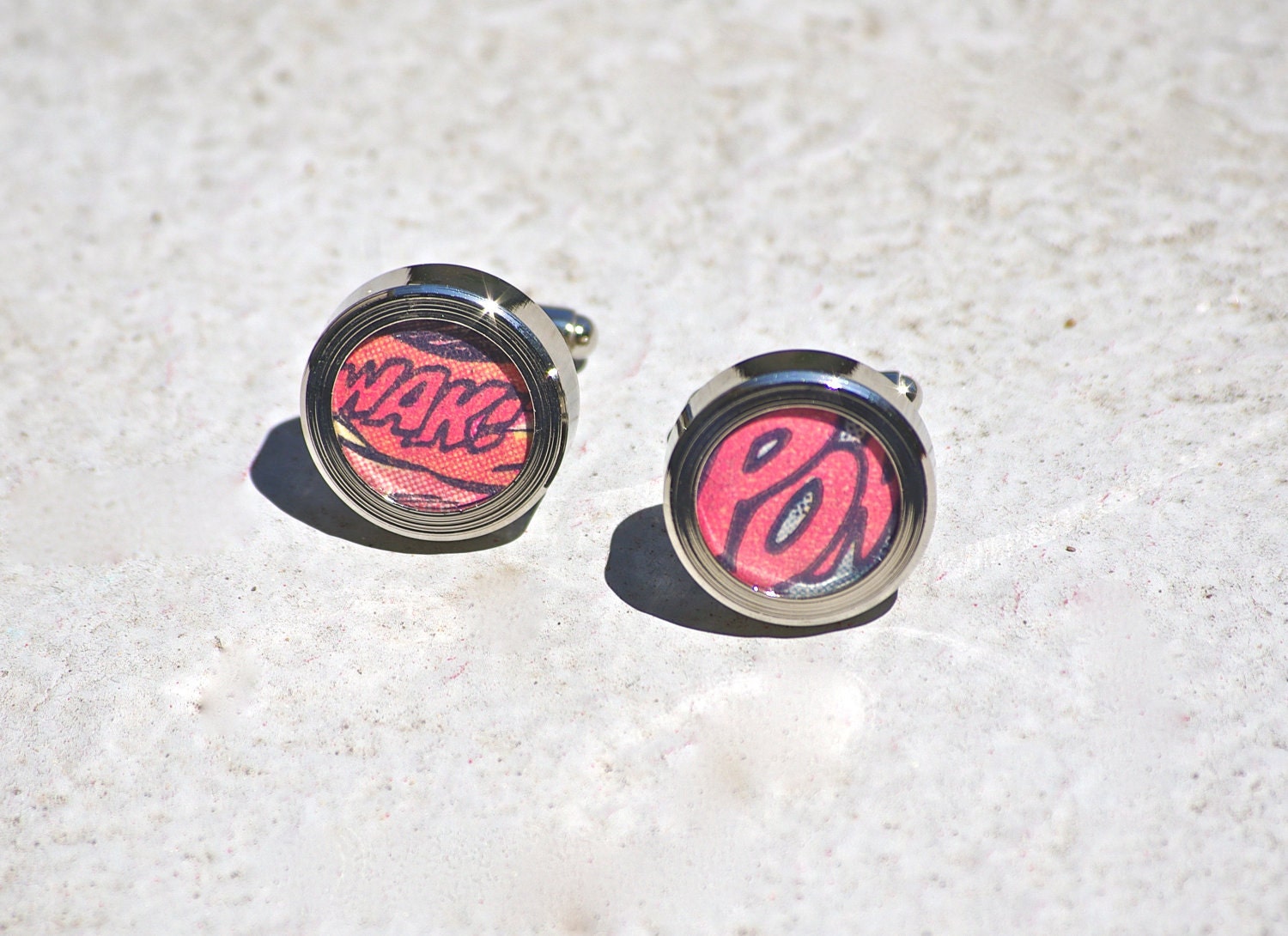 Wak Pom comic cuff links comics cufflinks recycled vintage marvel comics, comic book upcycled reclaimed action superhero handmade chrome