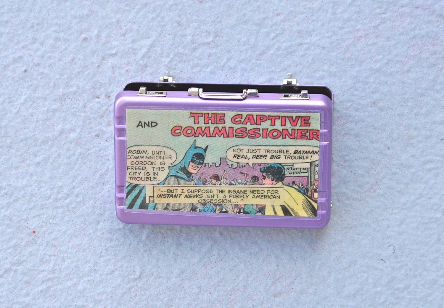 Batman and Robin miniature briefcase credit card holder card case purple aluminum recycled comic book upcycled vintage dc comics