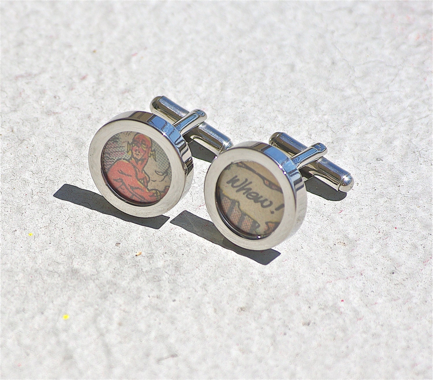 Whew Flash Cuff Links Superhero Cufflinks Justice league of America recycled handmade upcycled comic book comics chrome metal modern