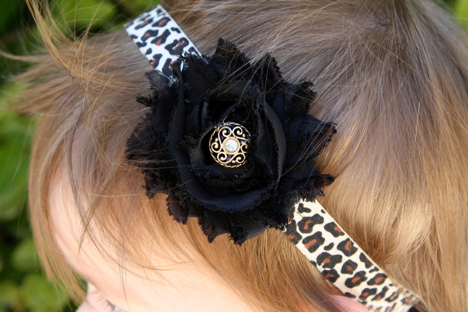 Shabby Chic Black Flower w/ rhinestone gold center on Cheetah Stretch Headband for Infant, Baby, Toddler, Adult Bow Newborn Photo Prop
