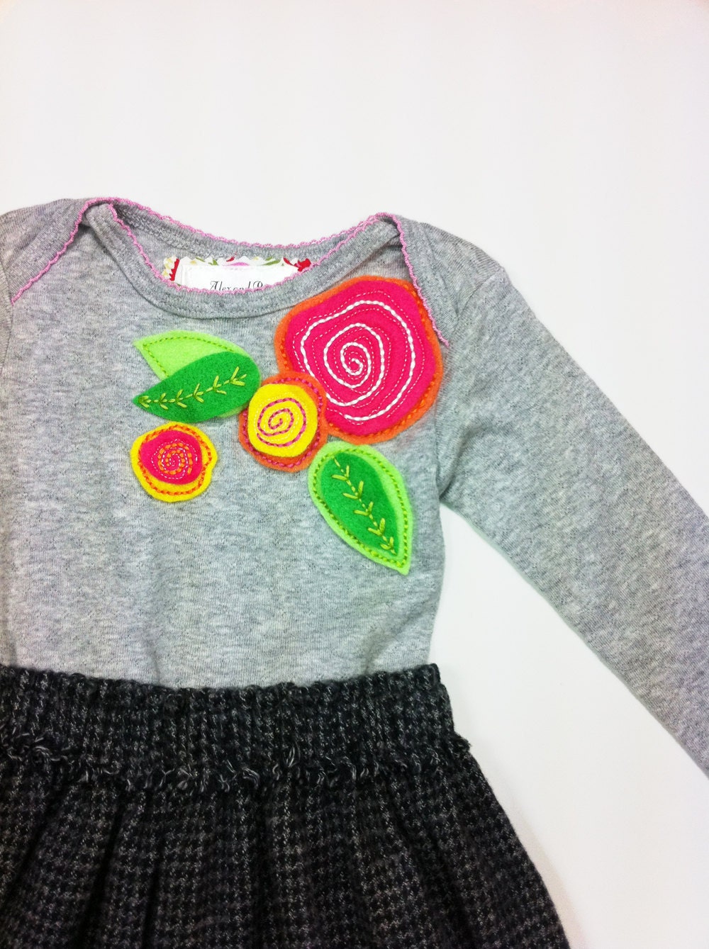 Baby Boutique Bodysuit Gray with Recycled Felt Flowers Size 6 Month Ready to Ship Spring Clothing Handmade