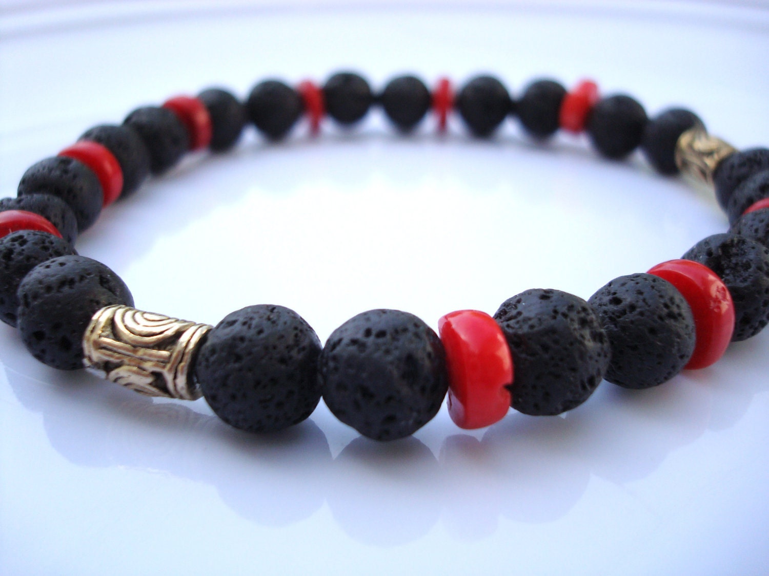 Reserved for Chi - Men's Black Lava Stone Bracelet - Red Coral - Antique Brass Beads - Stability, Protection and Energy