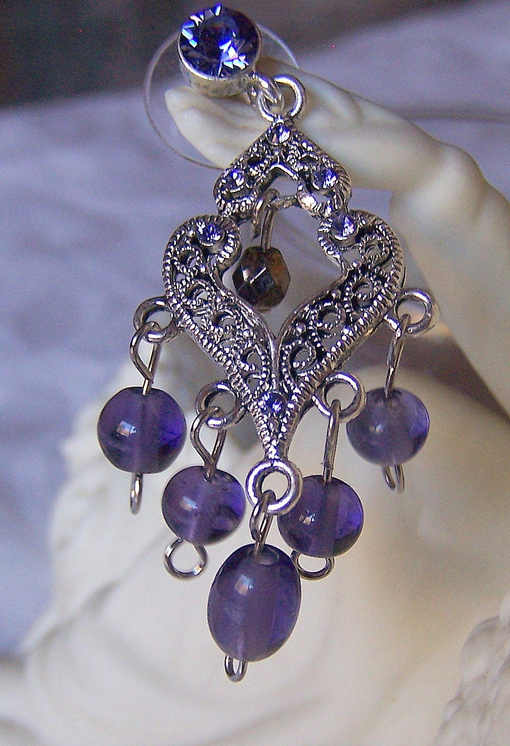 Elegant purple marcasite silver earrings, handmade, swarovski crystals in tanzanite, elegant, romantic