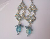 handmade bead weaving, earrings, blue crystals, pearls, gold accent, elegant, vintage, glamourous, handcrafted earrings