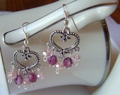 handmade beaded crystal earrings, pink, rose sweetheart earrings,  pewter heart charm, sparkling, and sweet.