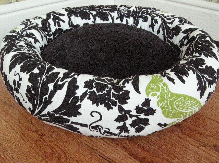 One-Piece 18" - Dog Bed -Cat Bed - Minky Fleece & Damask Black, White, Chartreuse