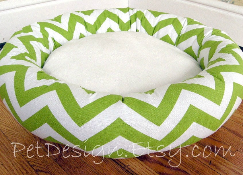 One-Piece 18" - Dog Bed - Cat Bed - Chartreuse & White Zig Zag, Chevron with Soft Minky Fleece
