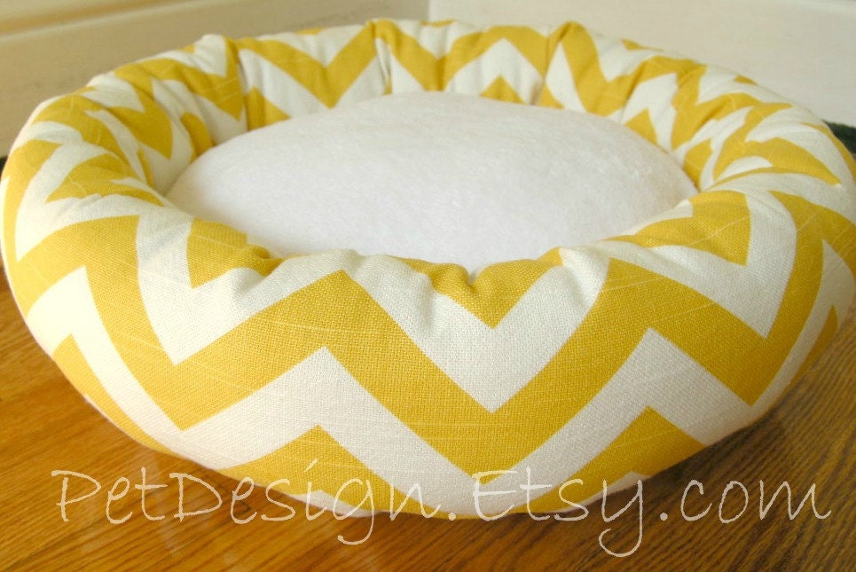 One-Piece 15" - Dog Bed - Cat Bed - Yellow & White Zig Zag, Chevron with Soft Minky Fleece