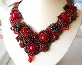 Beaded Art Necklace and Earrings, Beadwork necklace, Raspberry, Cherry, Beaded jewelry,