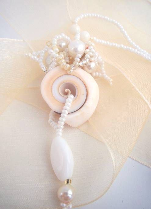 Freeform Beaded Pendant with shell, pastel beaded necklace, beadwork